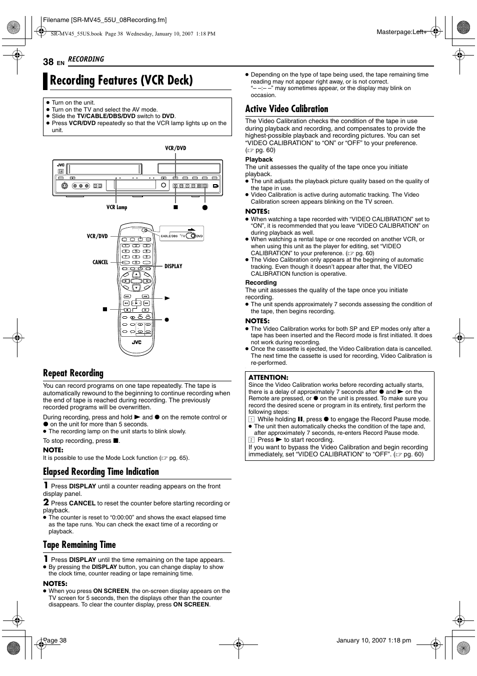 Recording features (vcr deck), Repeat recording, Elapsed recording time indication | Tape remaining time, Active video calibration, Pg. 38 | JVC SR MV45U User Manual | Page 38 / 88