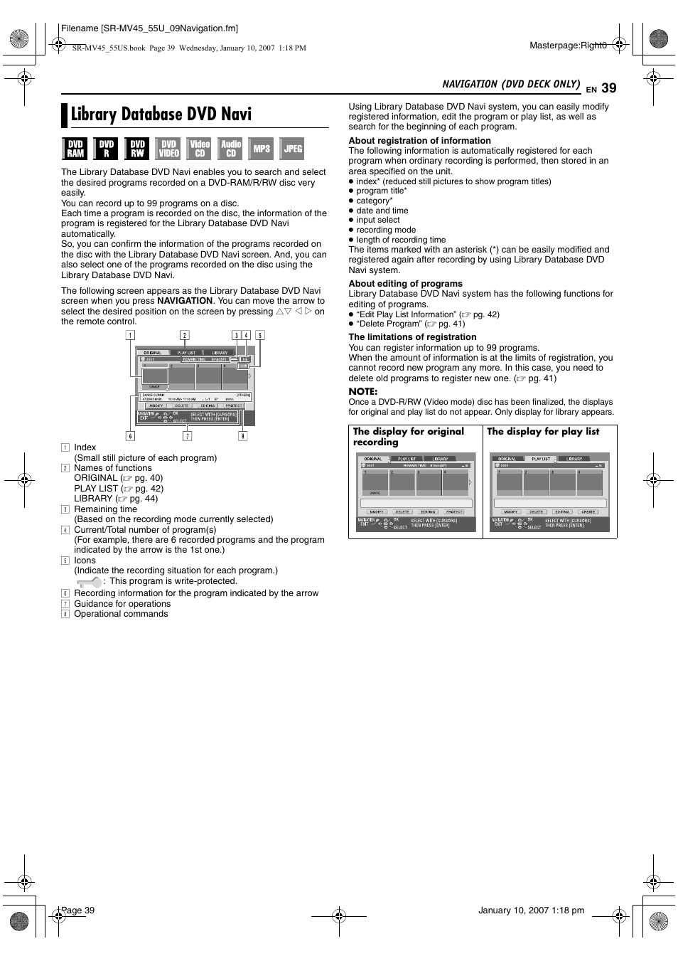 Navigation (dvd deck only), Library database dvd navi, Pg. 39 | Pg. 39) t | JVC SR MV45U User Manual | Page 39 / 88