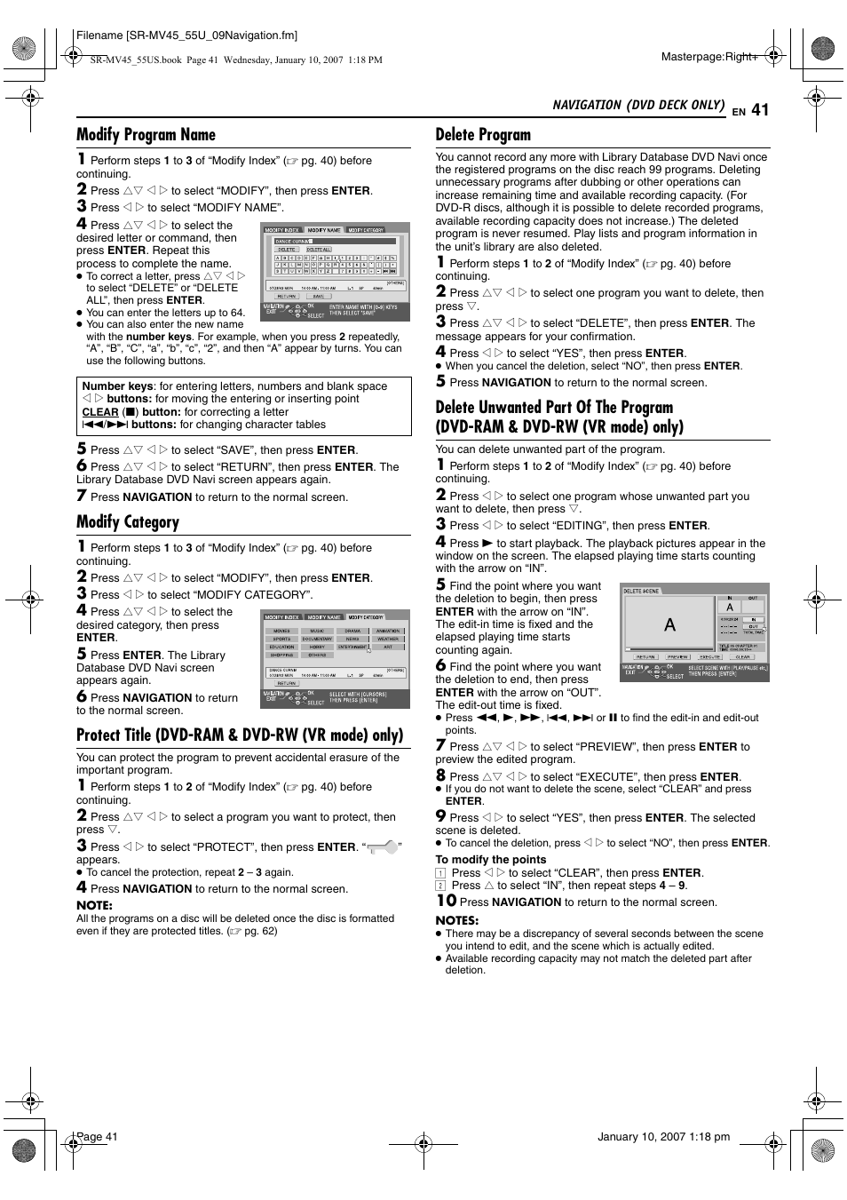 Modify program name, Modify category, Protect title (dvd-ram & dvd-rw (vr mode) only) | Delete program, K only), Pg. 41, Pg. 41) | JVC SR MV45U User Manual | Page 41 / 88