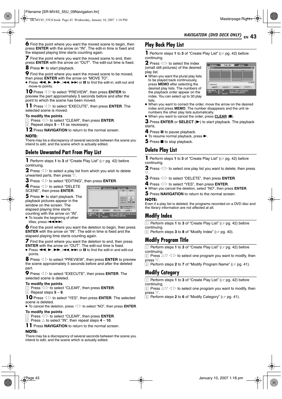 Delete unwanted part from play list, Play back play list, Delete play list | Modify index, Modify program title, Modify category | JVC SR MV45U User Manual | Page 43 / 88