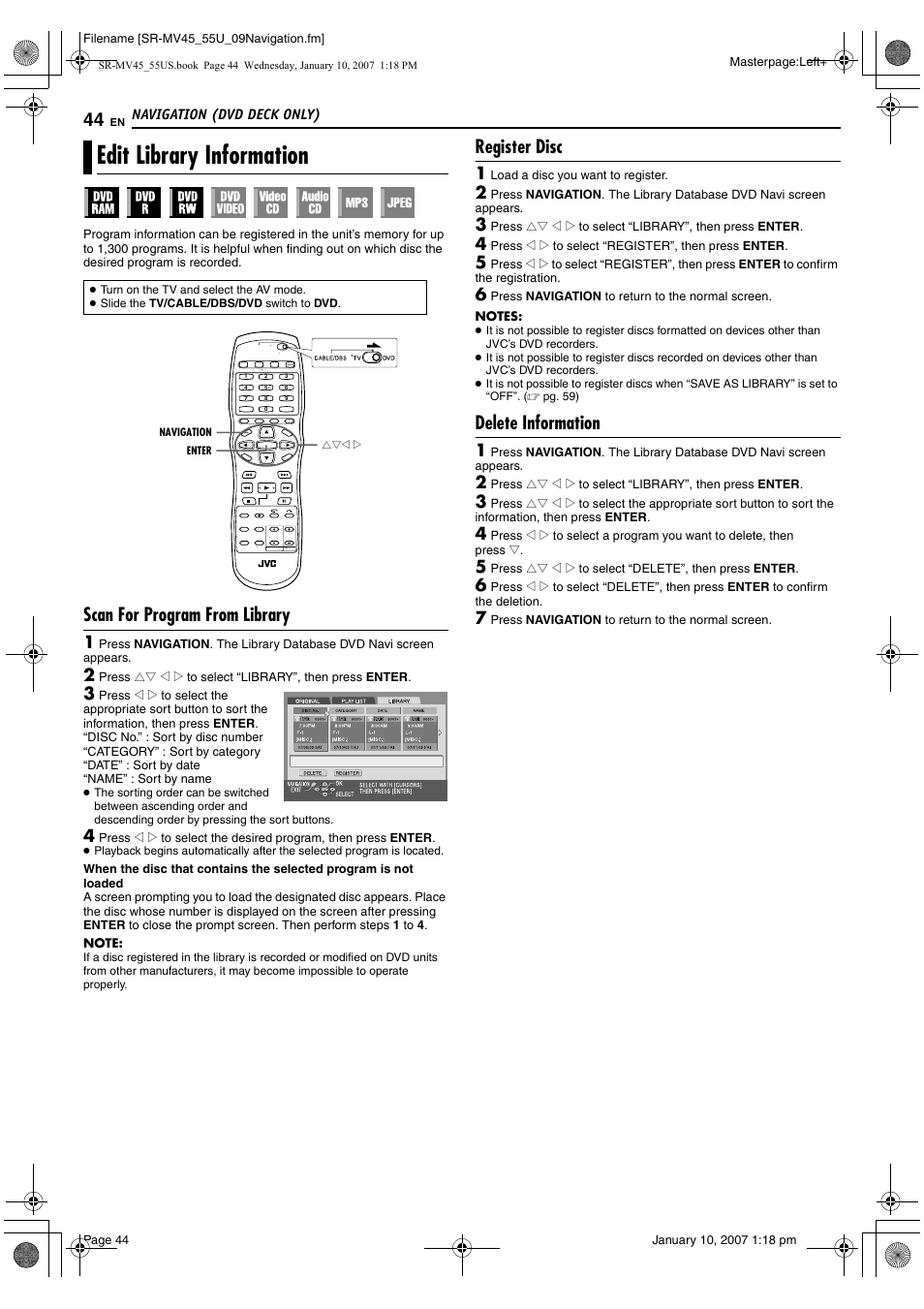 Edit library information, Scan for program from library, Register disc | Delete information, Pg. 44) | JVC SR MV45U User Manual | Page 44 / 88