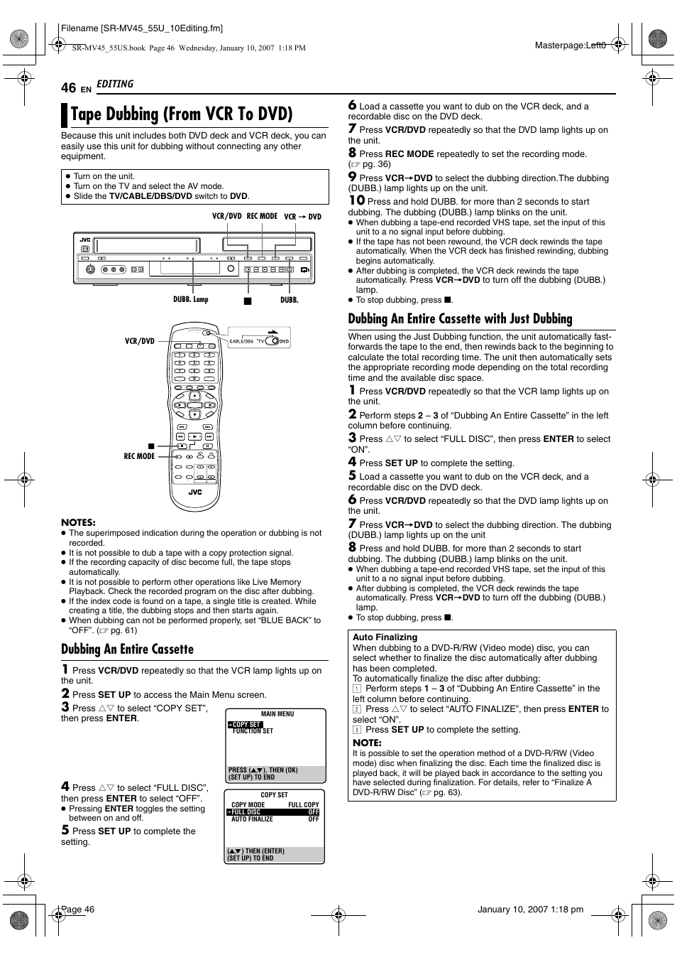 Editing, Tape dubbing (from vcr to dvd), Dubbing an entire cassette | Dubbing an entire cassette with just dubbing, Pg. 46, Pg. 46, 48 | JVC SR MV45U User Manual | Page 46 / 88