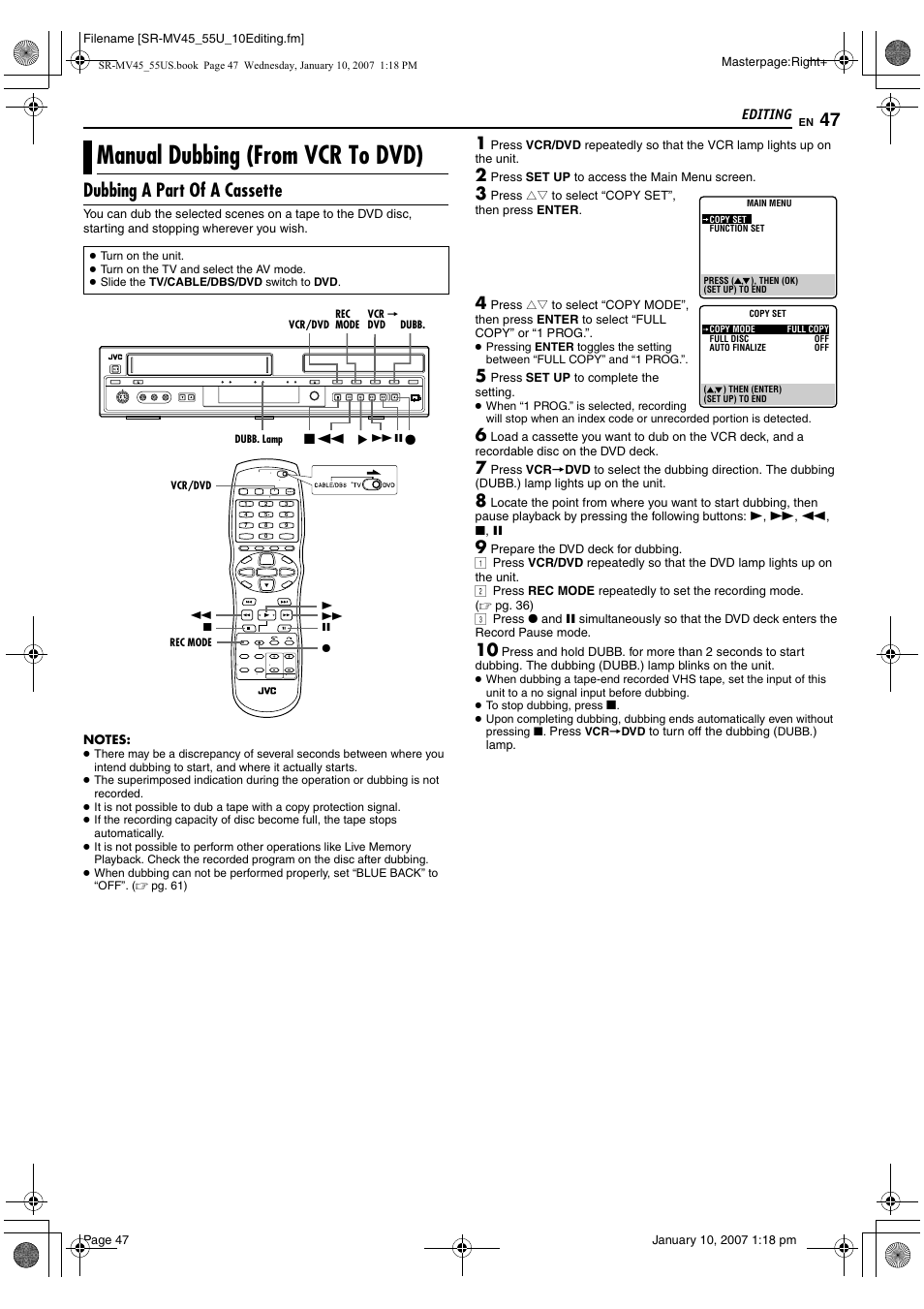 Manual dubbing (from vcr to dvd), Dubbing a part of a cassette | JVC SR MV45U User Manual | Page 47 / 88