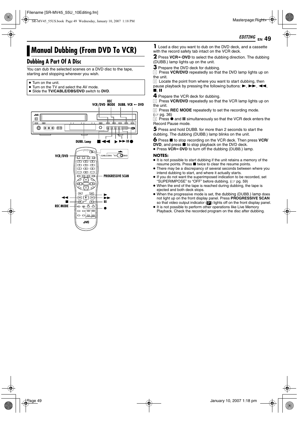 Manual dubbing (from dvd to vcr), Dubbing a part of a disc, M “manual dubbing (from dvd to vcr) | Pg. 49) | JVC SR MV45U User Manual | Page 49 / 88