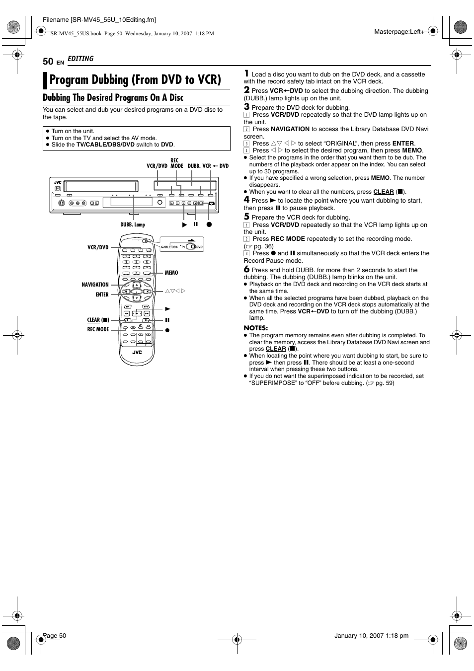 Program dubbing (from dvd to vcr), Dubbing the desired programs on a disc | JVC SR MV45U User Manual | Page 50 / 88