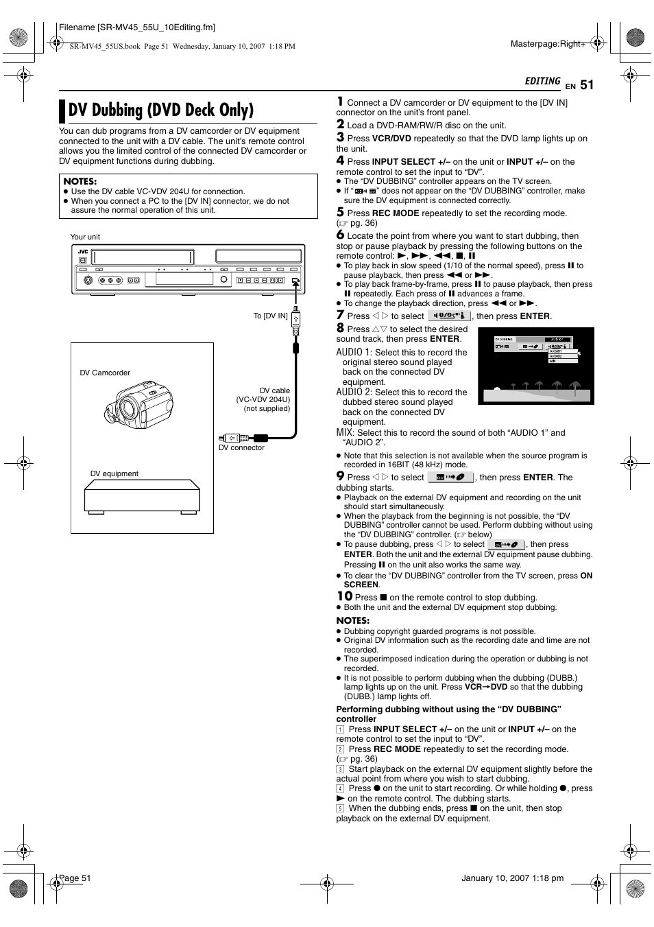 Dv dubbing (dvd deck only), Pg. 51, R to “dv dubbing (dvd deck only) | Pg. 51) | JVC SR MV45U User Manual | Page 51 / 88