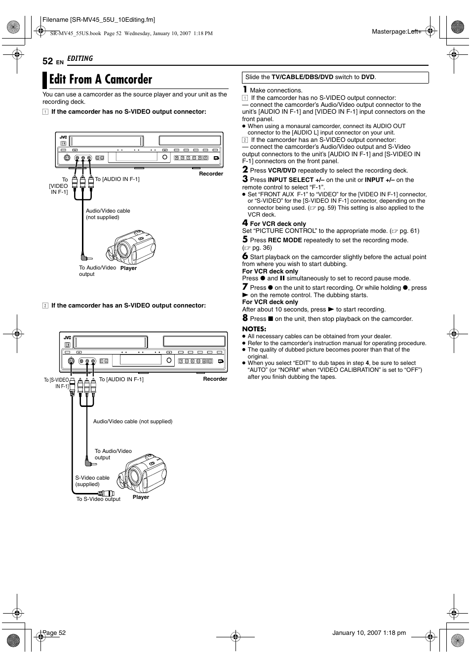 Edit from a camcorder, Pg. 52 | JVC SR MV45U User Manual | Page 52 / 88
