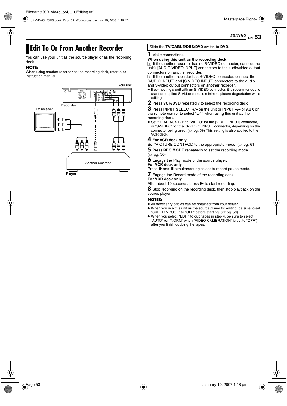 Edit to or from another recorder, Pg. 53, L-1)) | JVC SR MV45U User Manual | Page 53 / 88