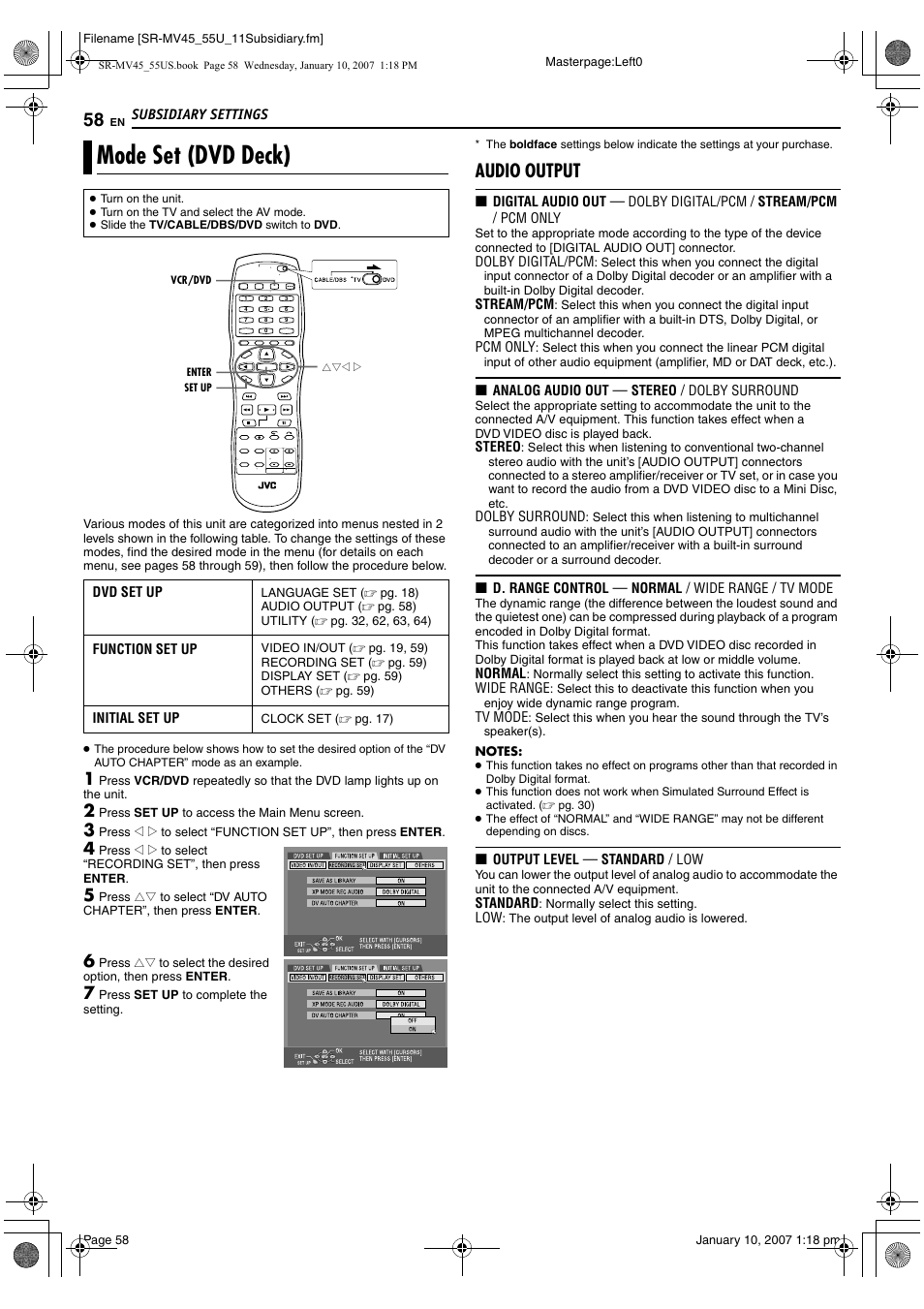 Subsidiary settings, Mode set (dvd deck), Pg. 58) | Audio output | JVC SR MV45U User Manual | Page 58 / 88