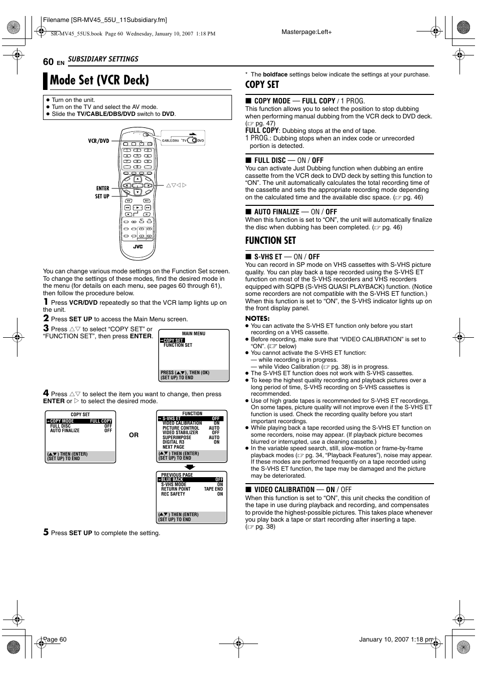 Mode set (vcr deck), Pg. 60), Copy set | Function set | JVC SR MV45U User Manual | Page 60 / 88