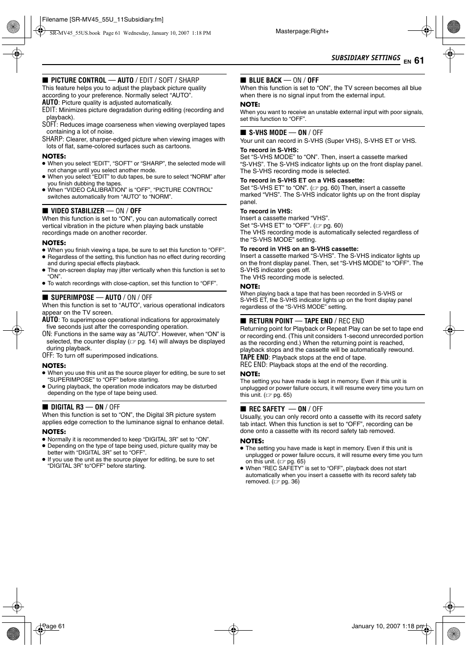 T to “on, Pg. 61), Safety” to “off | Pg. 61). t, Gh 61) | JVC SR MV45U User Manual | Page 61 / 88