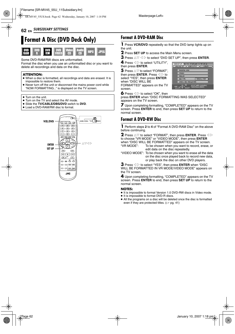 Format a disc (dvd deck only), Format a dvd-ram disc, Format a dvd-rw disc | Pg. 62, Pg. 62) | JVC SR MV45U User Manual | Page 62 / 88
