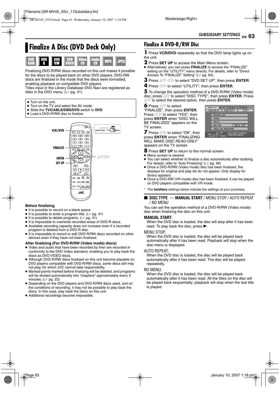 Finalize a disc (dvd deck only), Finalize a dvd-r/rw disc, Pg. 63), it | Pg. 63, 64, Pg. 63), M “finalize a disc (dvd deck only) | JVC SR MV45U User Manual | Page 63 / 88