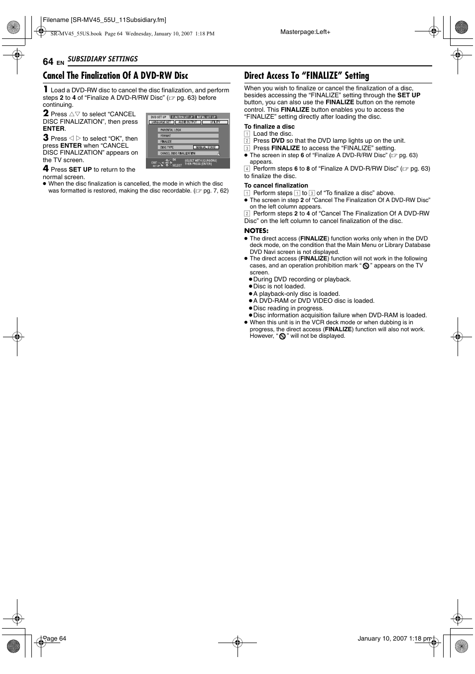 Cancel the finalization of a dvd-rw disc, Direct access to “finalize” setting, Pg. 64) | JVC SR MV45U User Manual | Page 64 / 88