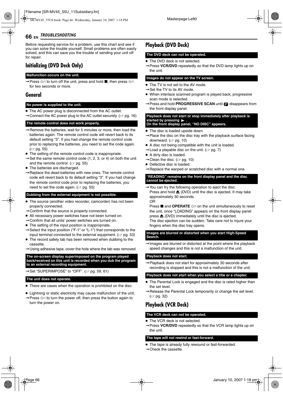 Troubleshooting, Initializing (dvd deck only), General | Playback (dvd deck), Playback (vcr deck) | JVC SR MV45U User Manual | Page 66 / 88