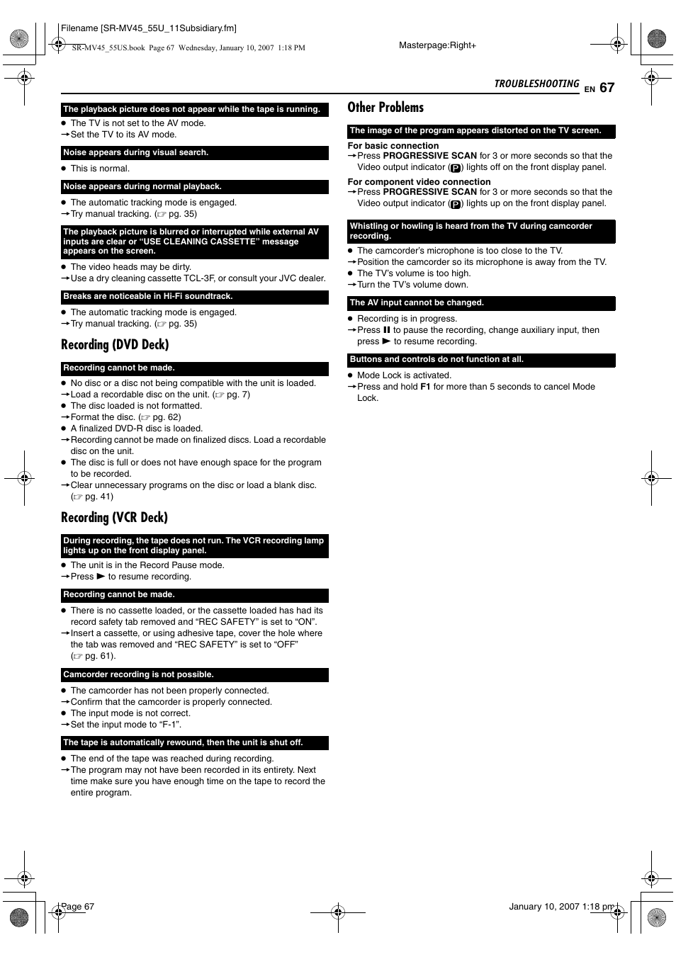 Recording (dvd deck), Recording (vcr deck), Other problems | JVC SR MV45U User Manual | Page 67 / 88