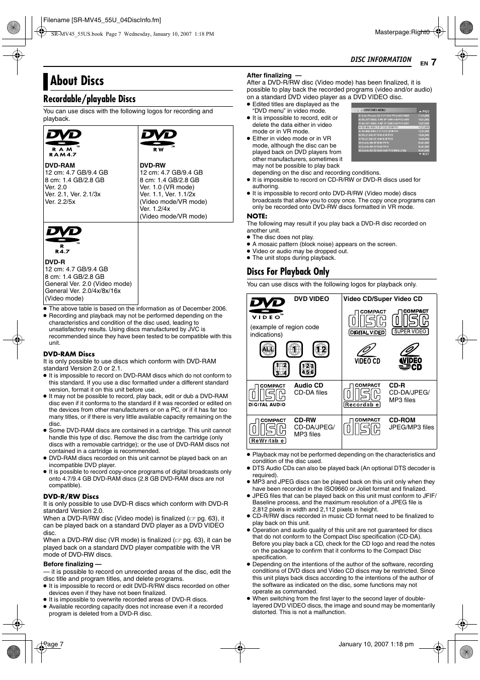 Disc information, About discs, Recordable/playable discs | Discs for playback only | JVC SR MV45U User Manual | Page 7 / 88