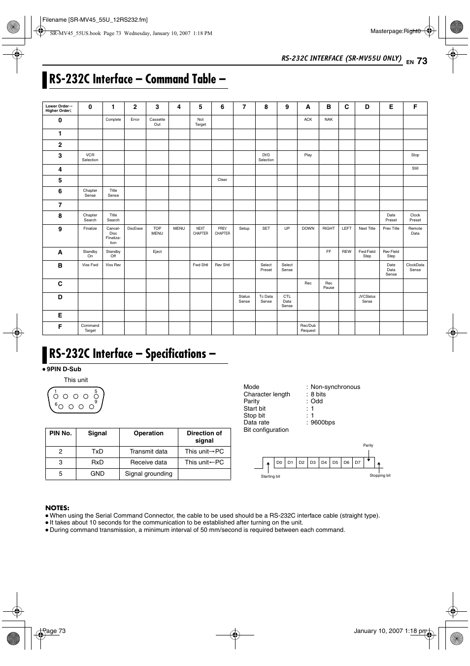 Rs-232c interface (sr-mv55u only), Rs-232c interface - command table, Rs-232c interface - specifications | Pg. 73 (sr-mv55u), E 73, Rs-232c interface – command table, Rs-232c interface – specifications | JVC SR MV45U User Manual | Page 73 / 88