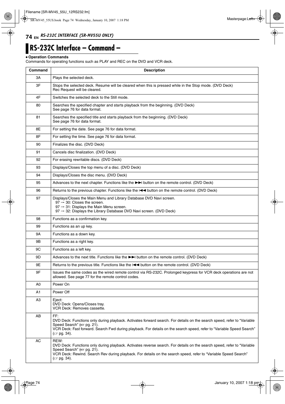 Rs-232c interface - command, Rs-232c interface – command | JVC SR MV45U User Manual | Page 74 / 88