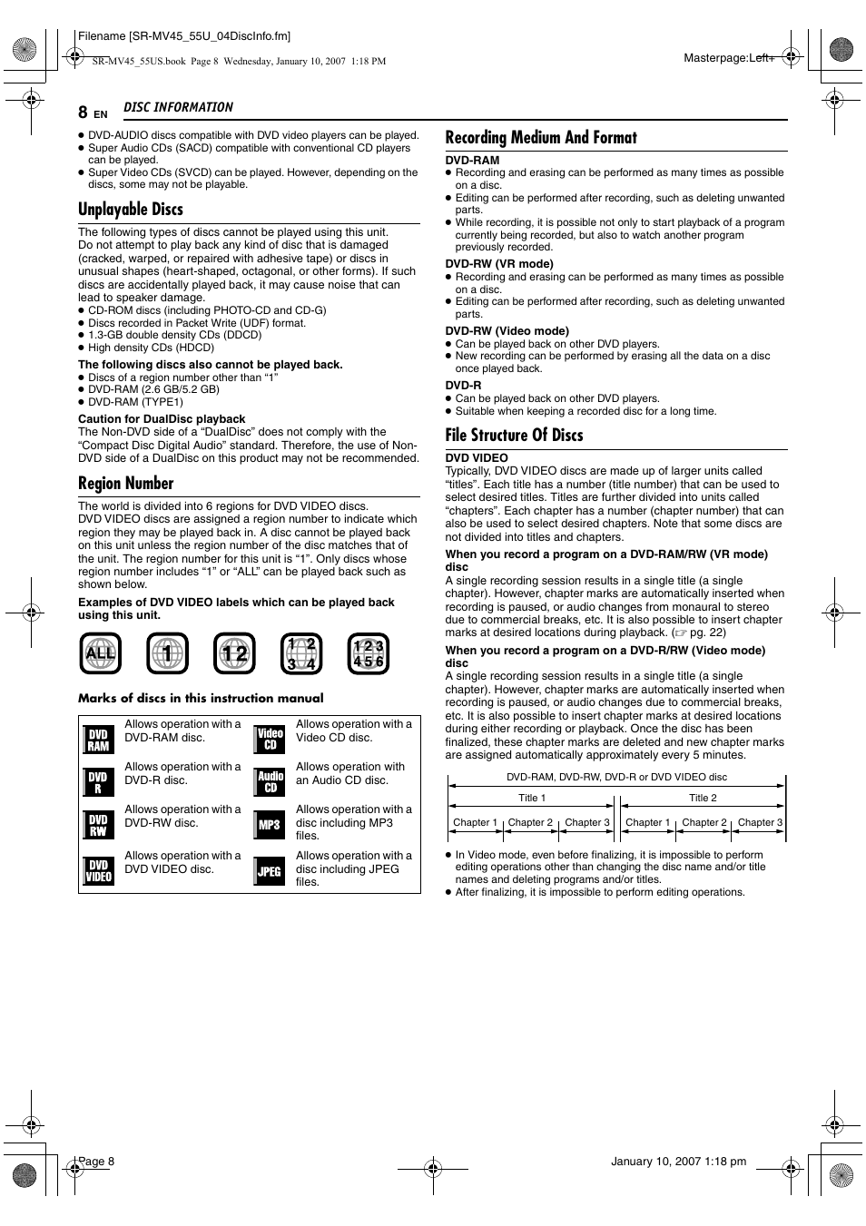 Unplayable discs, Region number, Recording medium and format | File structure of discs | JVC SR MV45U User Manual | Page 8 / 88