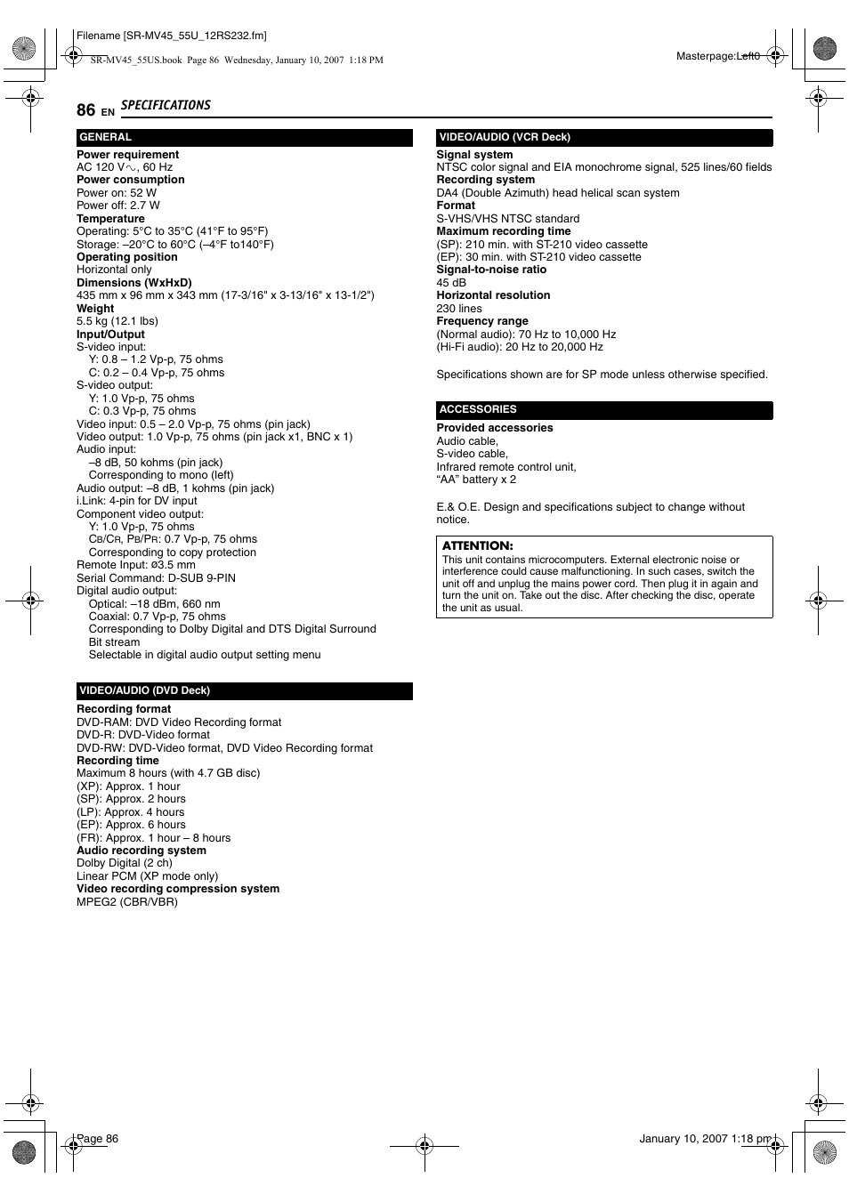 Specifications, Specifications” on | JVC SR MV45U User Manual | Page 86 / 88