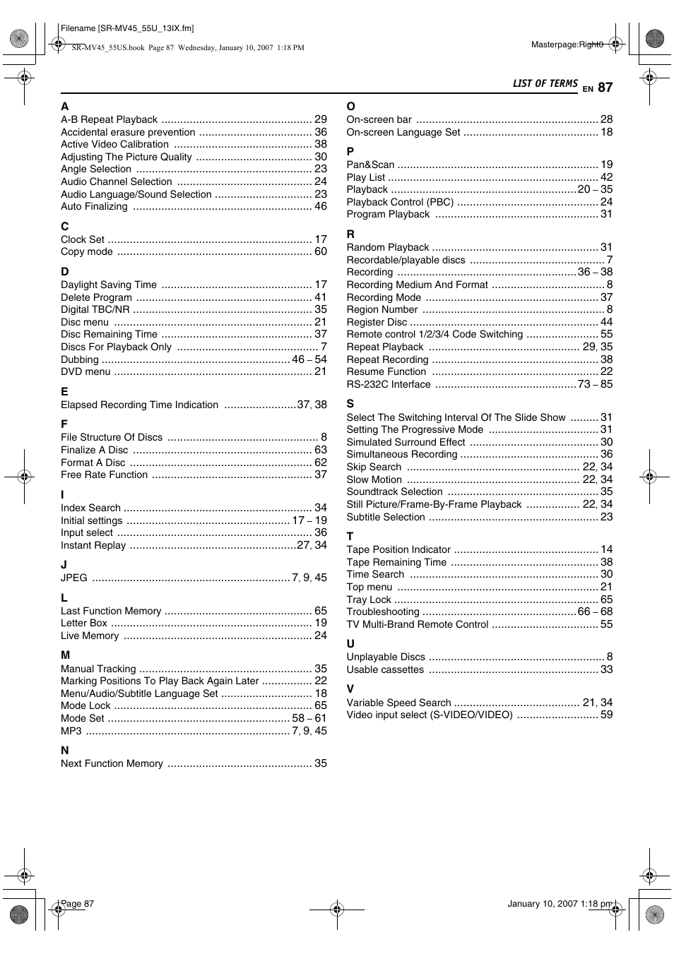 List of terms, E 87 | JVC SR MV45U User Manual | Page 87 / 88