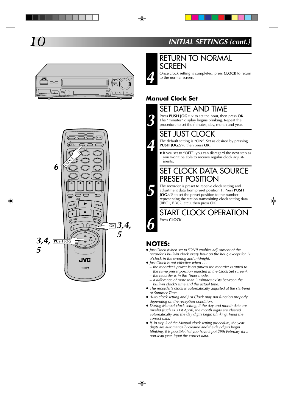 Return to normal screen, Set date and time, Set just clock | Set clock data source preset position, Start clock operation, Initial settings (cont.) | JVC HR-J235EK User Manual | Page 10 / 48