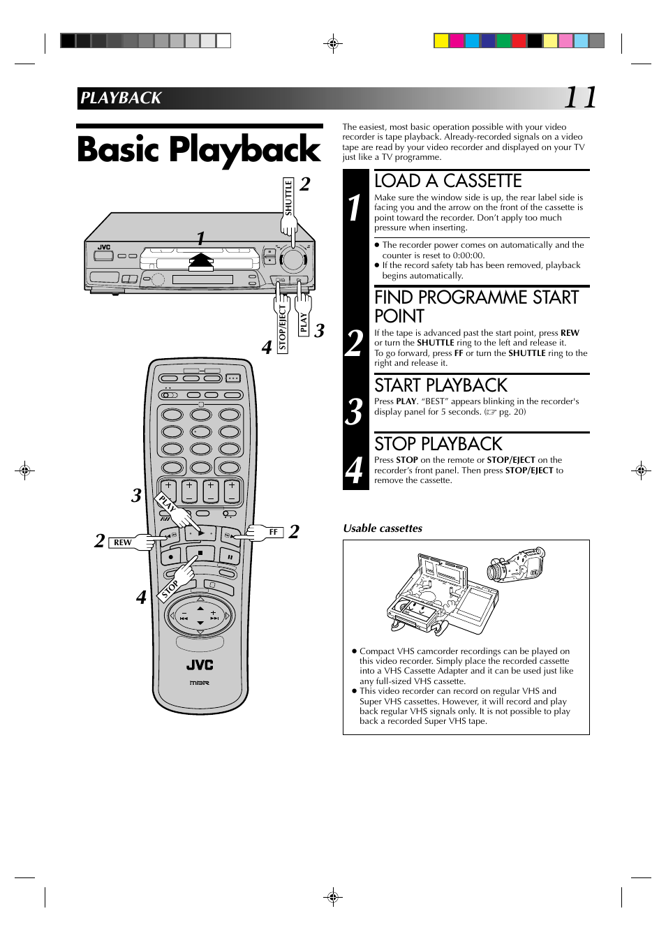 Basic playback, Load a cassette, Find programme start point | Start playback, Stop playback, Playback | JVC HR-J235EK User Manual | Page 11 / 48