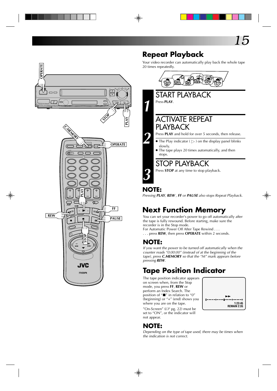 Start playback, Activate repeat playback, Stop playback | Repeat playback, Tape position indicator | JVC HR-J235EK User Manual | Page 15 / 48
