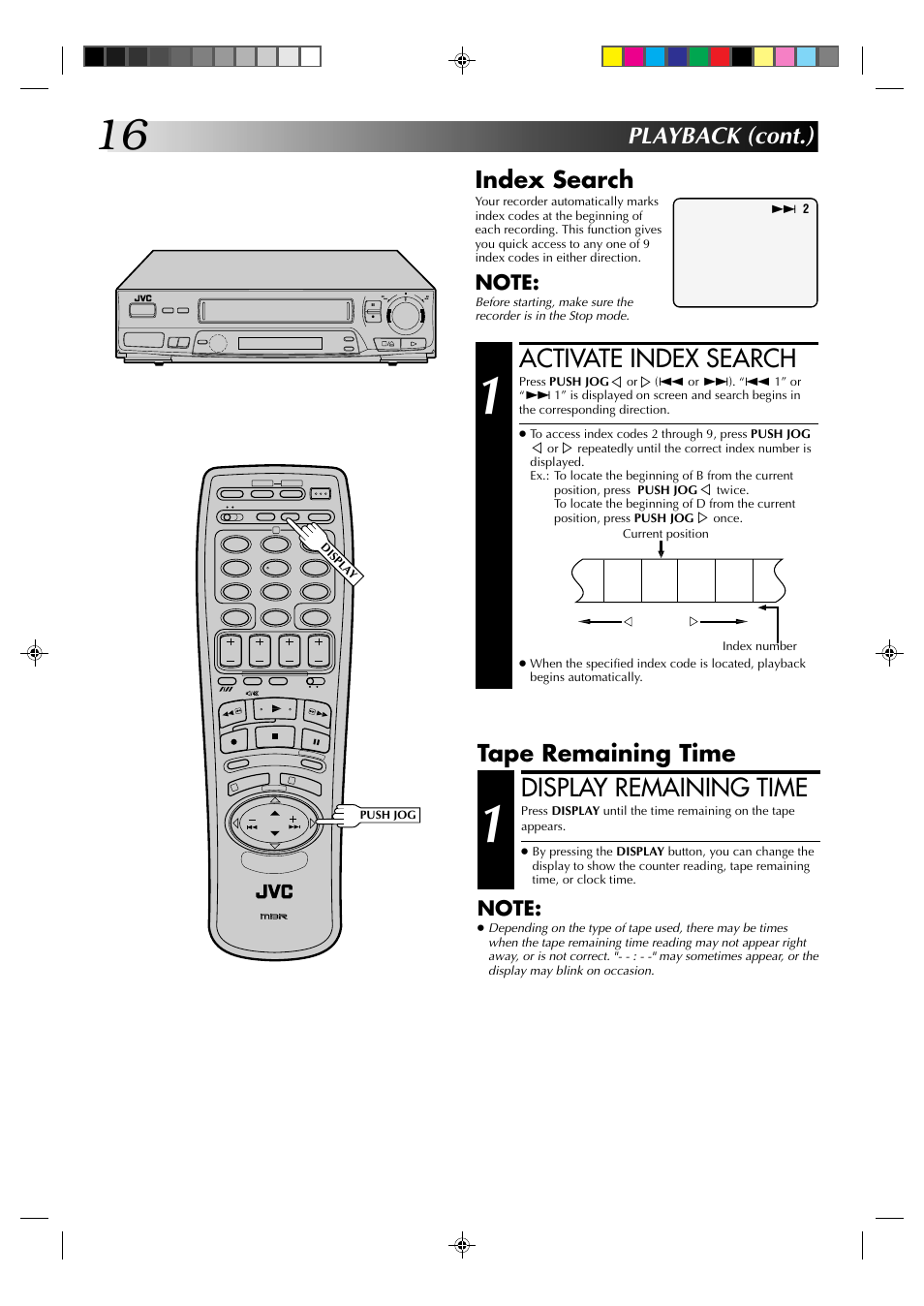 Activate index search, Display remaining time, Playback (cont.) | Index search, Tape remaining time | JVC HR-J235EK User Manual | Page 16 / 48