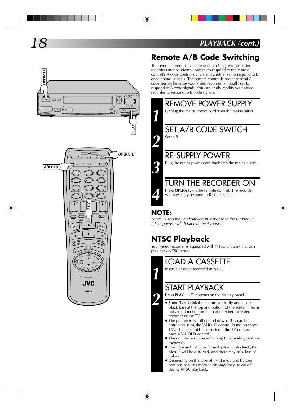 Remove power supply, Set a/b code switch, Re-supply power | Turn the recorder on, Load a cassette, Start playback, Remote a/b code switching, Playback (cont.), Ntsc playback | JVC HR-J235EK User Manual | Page 18 / 48