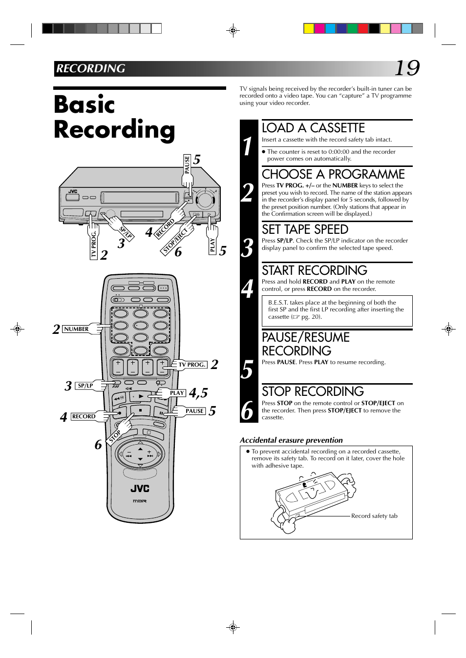 Basic recording, Load a cassette, Choose a programme | Set tape speed, Start recording, Pause/resume recording, Stop recording | JVC HR-J235EK User Manual | Page 19 / 48