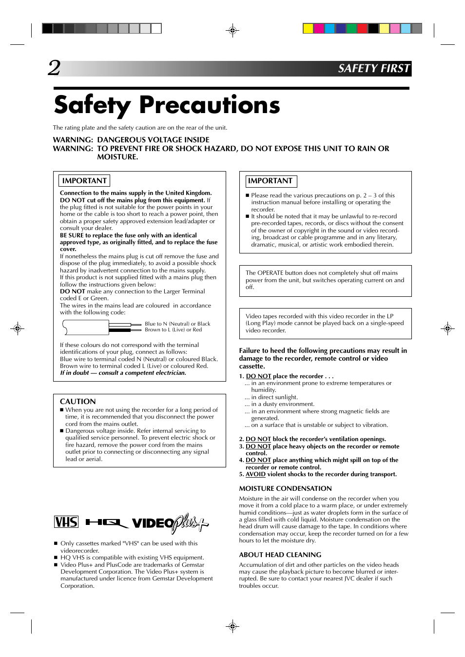 Safety precautions, Safety first | JVC HR-J235EK User Manual | Page 2 / 48