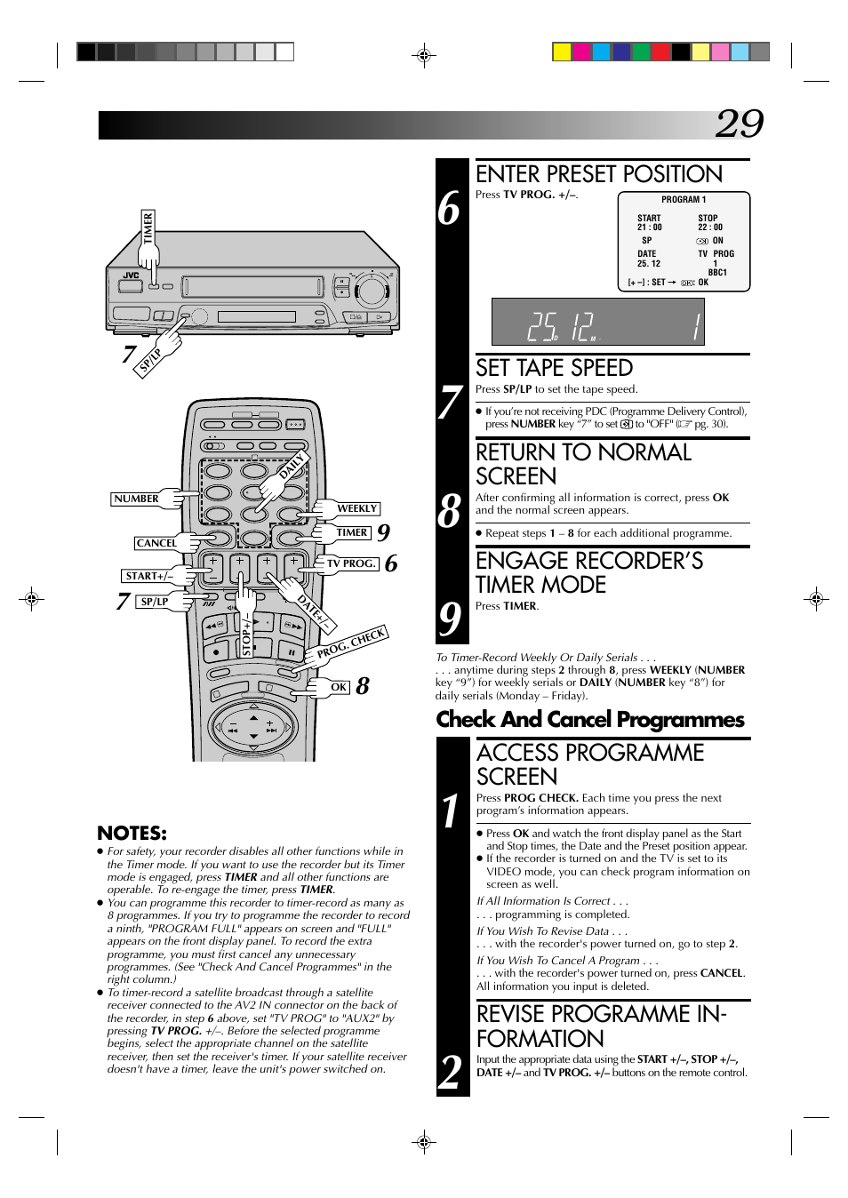 Enter preset position, Set tape speed, Return to normal screen | Engage recorder’s timer mode, Access programme screen, Revise programme in- formation, Check and cancel programmes | JVC HR-J235EK User Manual | Page 29 / 48