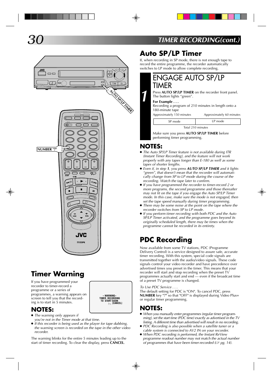Engage auto sp/lp timer, Timer recording(cont.) auto sp/lp timer, Pdc recording | Timer warning | JVC HR-J235EK User Manual | Page 30 / 48