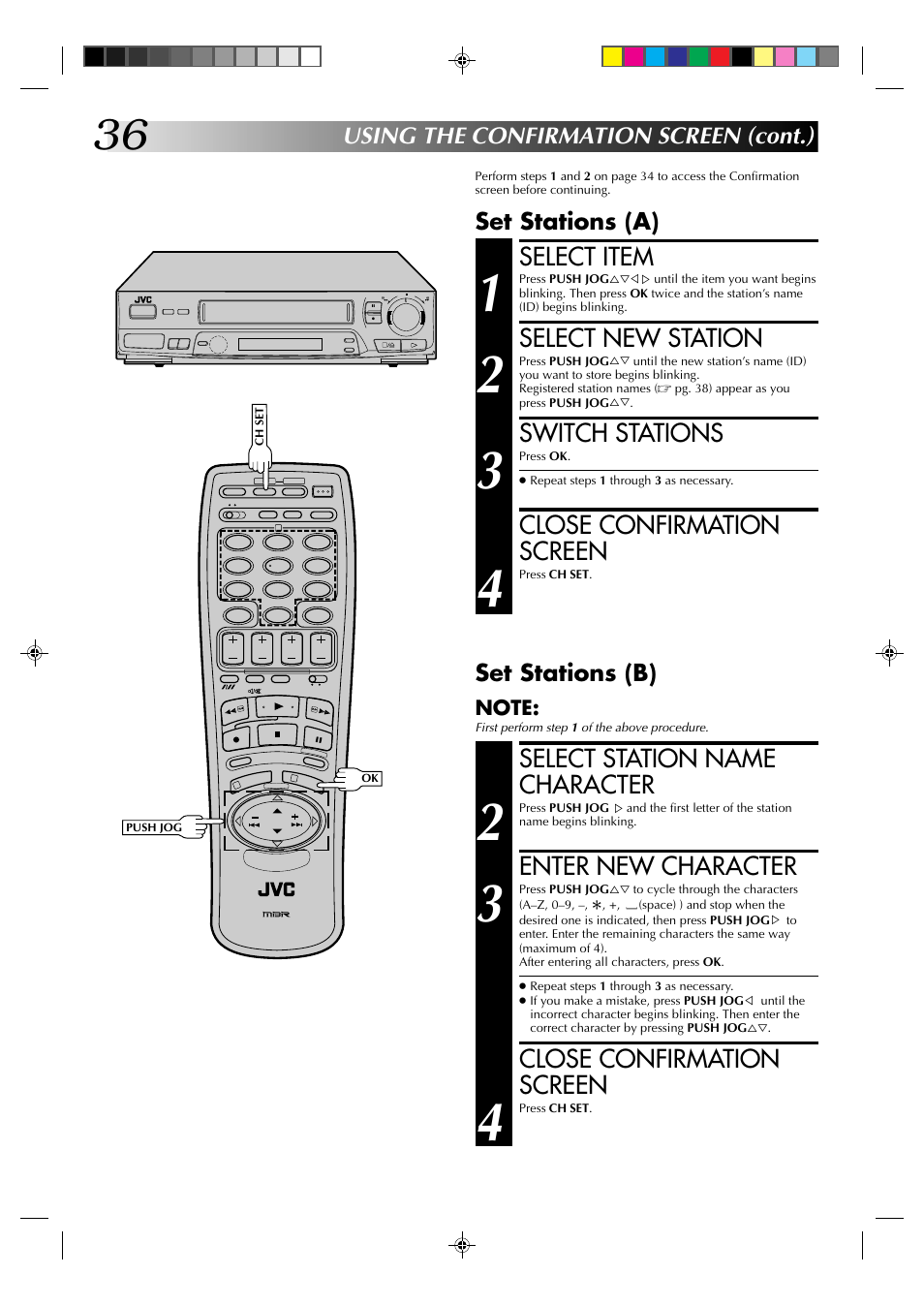 Select item, Select new station, Switch stations | Close confirmation screen, Select station name character, Enter new character, Set stations (b), Set stations (a), Using the confirmation screen (cont.) | JVC HR-J235EK User Manual | Page 36 / 48