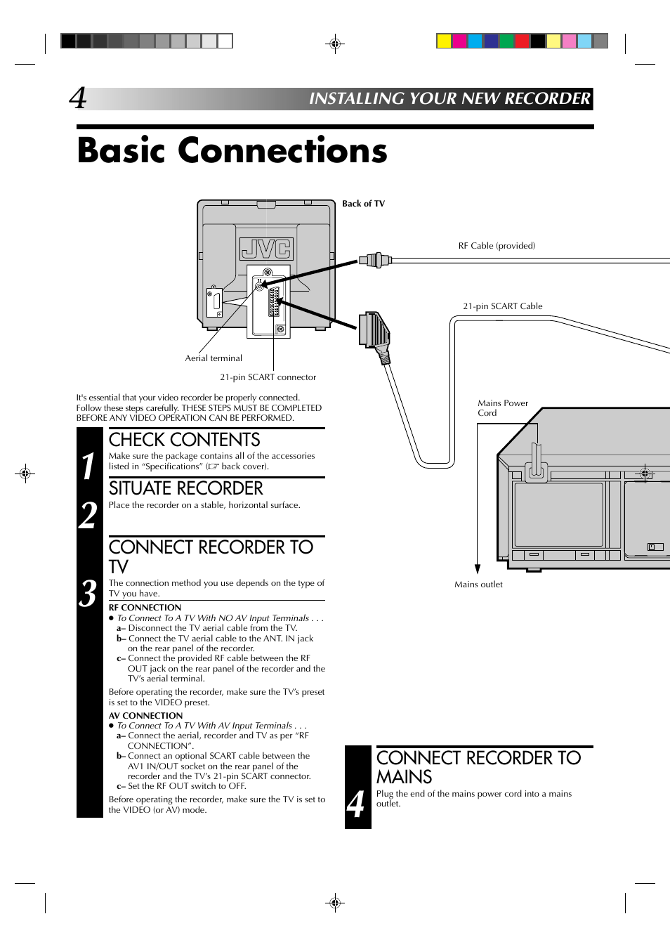 Basic connections, Connect recorder to mains, Check contents | Situate recorder, Connect recorder to tv, Installing your new recorder | JVC HR-J235EK User Manual | Page 4 / 48