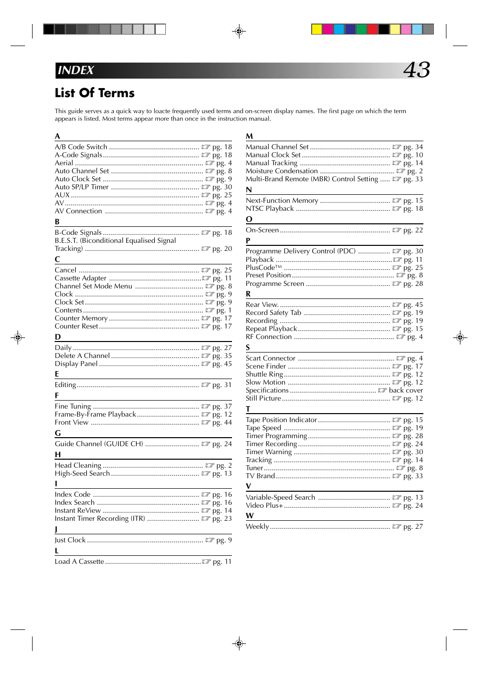 Index list of terms | JVC HR-J235EK User Manual | Page 43 / 48
