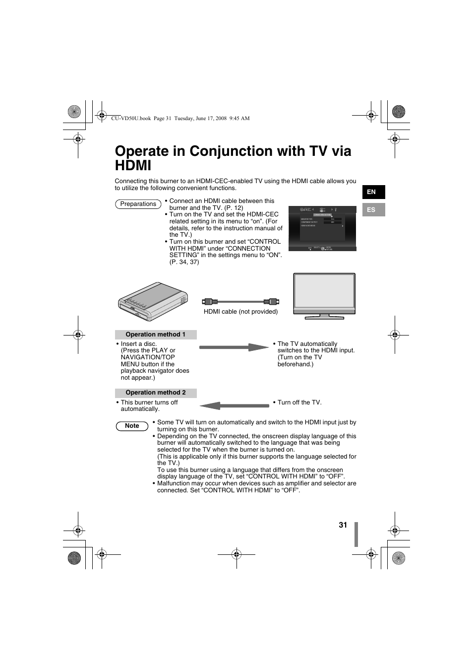 Operate in conjunction with tv via hdmi, Z operate in conjunction with tv via hdmi | JVC LYT1942-001A User Manual | Page 31 / 52