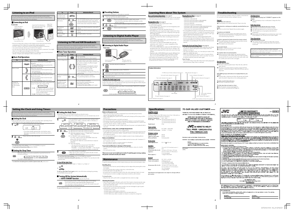 Listening to an ipod, Listening to fm and am broadcasts, Listening to digital audio player | Setting the clock and using timers, Precautions, Maintenance, Learning more about this system, Troubleshooting, Specifications | JVC UX-GP5 User Manual | Page 2 / 4