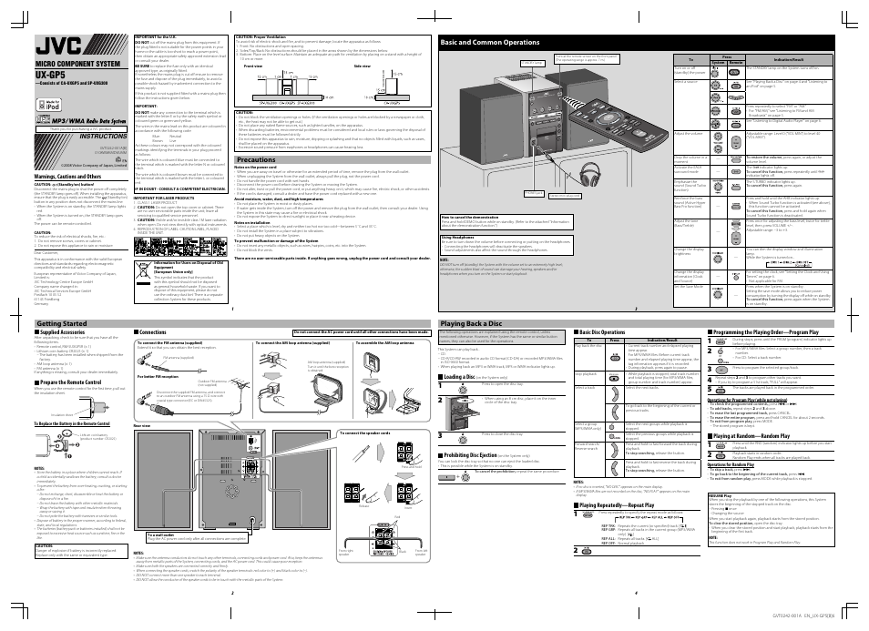 Ux-gp5 b, Instructions, Important for laser products | Precautions, Getting started, Basic and common operations, Playing back a disc, Ux-gp5 | JVC UX-GP5 User Manual | Page 3 / 4