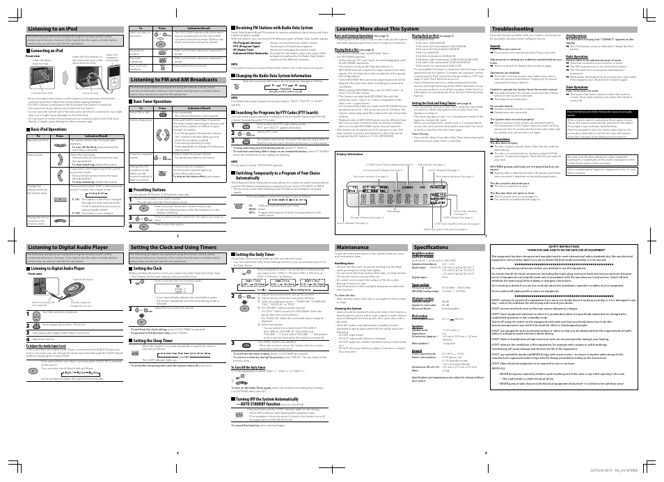 Listening to an ipod, Listening to fm and am broadcasts, Listening to digital audio player | Setting the clock and using timers, Learning more about this system, Troubleshooting, Maintenance, Specifications | JVC UX-GP5 User Manual | Page 4 / 4