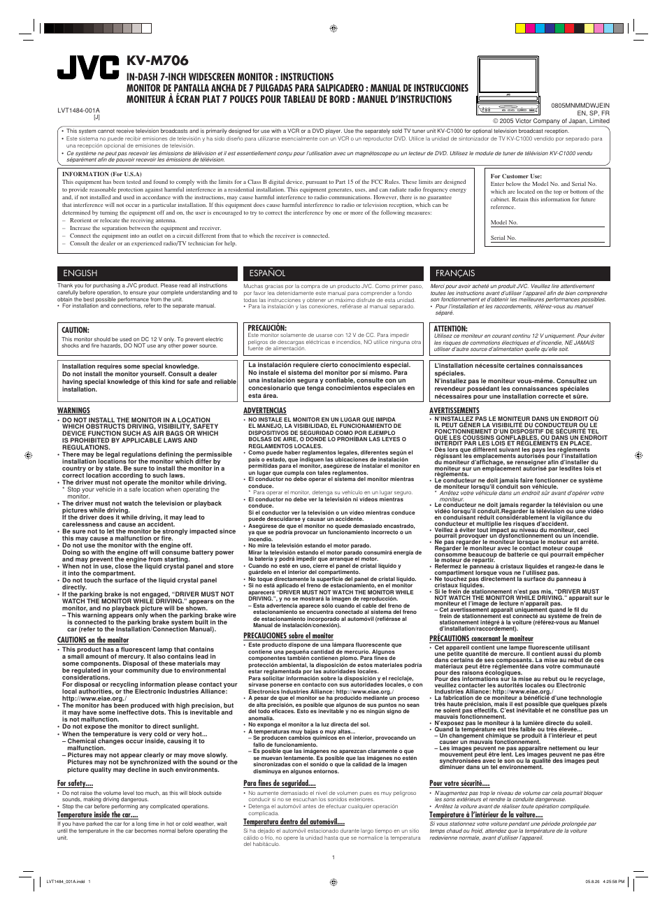 JVC IN-DASH 7-INCH WIDESCREEN MONITOR KV-M706 User Manual | 6 pages