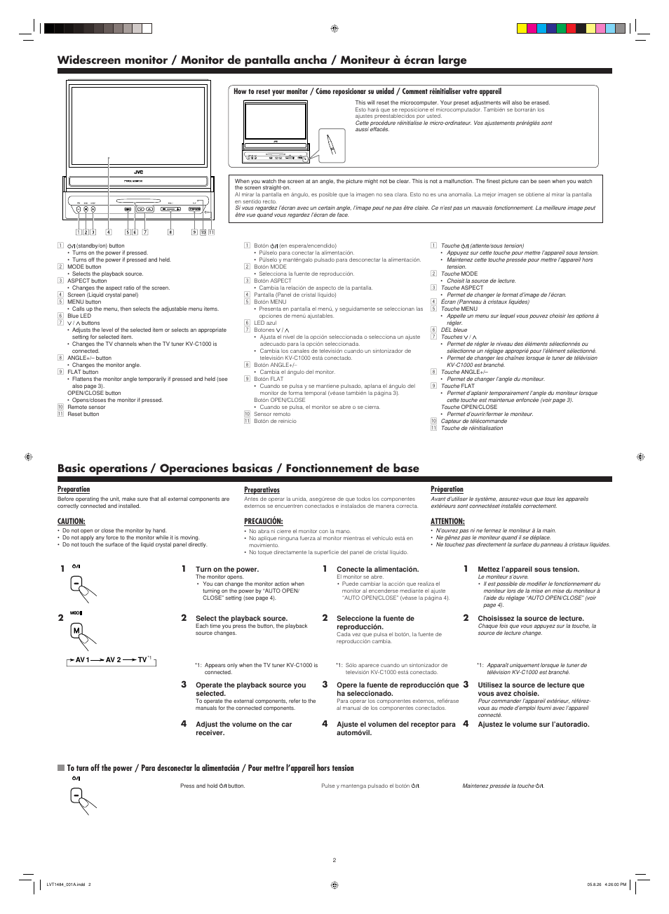 Basic operations, Operaciones basicas / fonctionnement de base | JVC IN-DASH 7-INCH WIDESCREEN MONITOR KV-M706 User Manual | Page 2 / 6