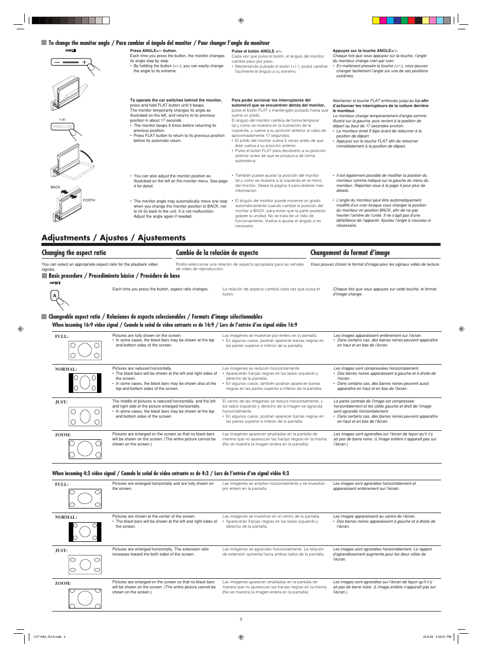 Adjustments / ajustes / ajustements, Changing the aspect ratio, Cambio de la relación de aspecto | Changement du format d’image | JVC IN-DASH 7-INCH WIDESCREEN MONITOR KV-M706 User Manual | Page 3 / 6