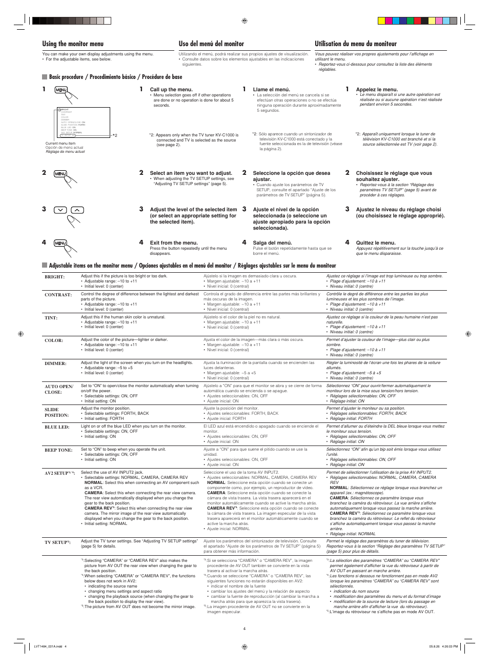 Using the monitor menu, Uso del menú del monitor, Utilisation du menu du moniteur | JVC IN-DASH 7-INCH WIDESCREEN MONITOR KV-M706 User Manual | Page 4 / 6