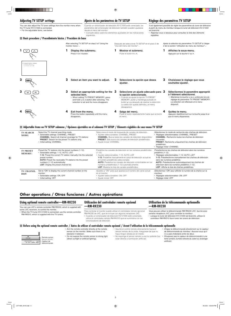 Using optional remote controller—rm-rk230, Adjusting tv setup settings, Ajuste de los parámetros de tv setup | Réglage des paramètres tv setup | JVC IN-DASH 7-INCH WIDESCREEN MONITOR KV-M706 User Manual | Page 5 / 6