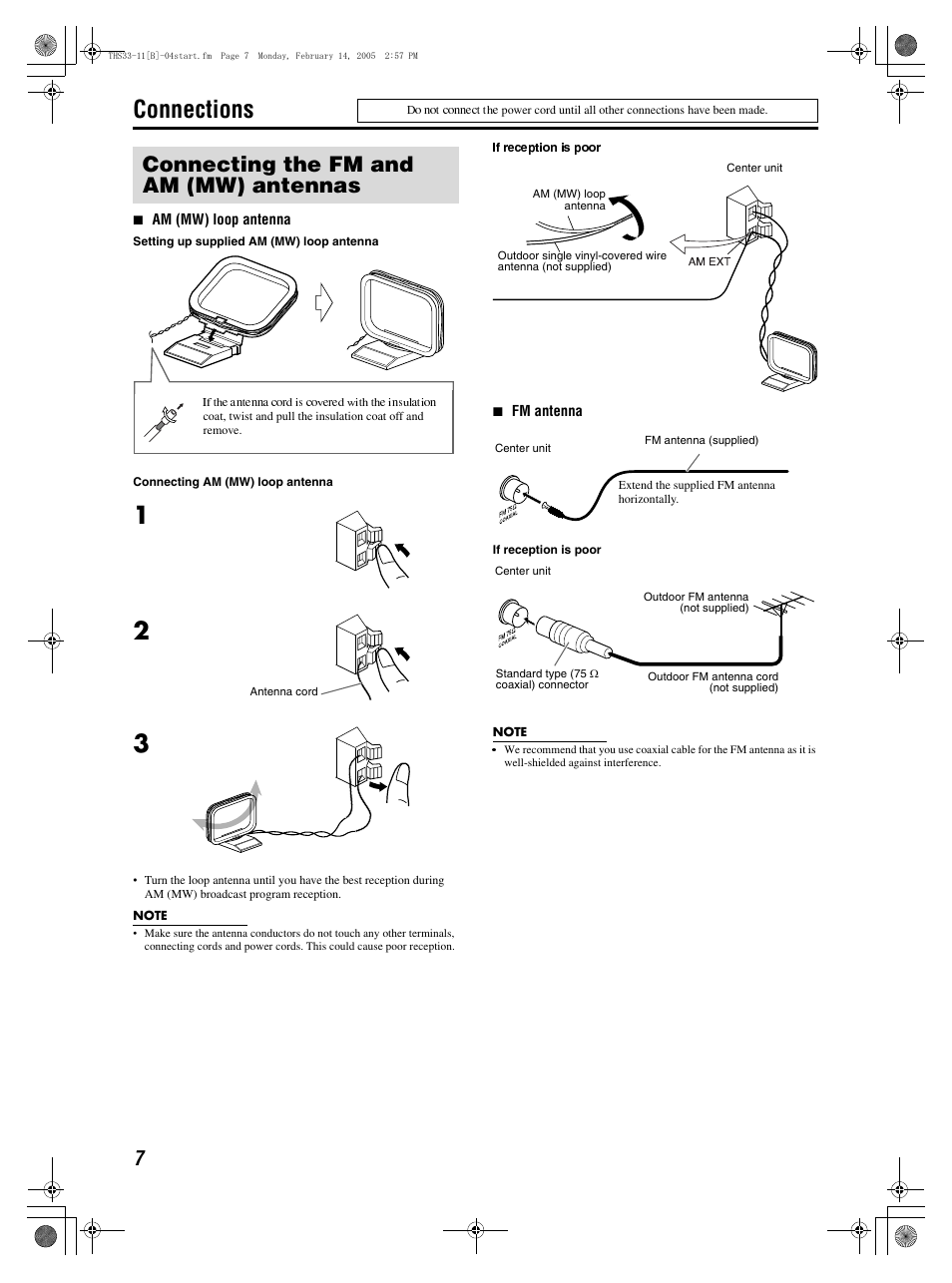 Connections, Connecting the fm and am (mw) antennas | JVC GVT0155-001A User Manual | Page 10 / 43
