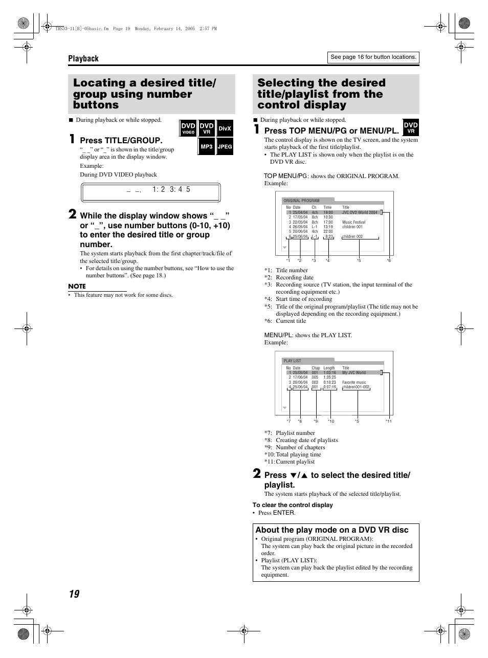 Playback, Press title/group, Press top menu/pg or menu/pl | Press y / 5 to select the desired title/ playlist, About the play mode on a dvd vr disc | JVC GVT0155-001A User Manual | Page 22 / 43