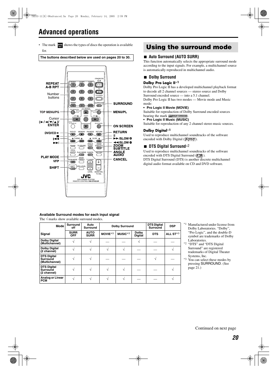 Advanced operations, Using the surround mode, 7auto surround (auto surr) | 7dolby surround, 7dts digital surround, Continued on next page | JVC GVT0155-001A User Manual | Page 23 / 43